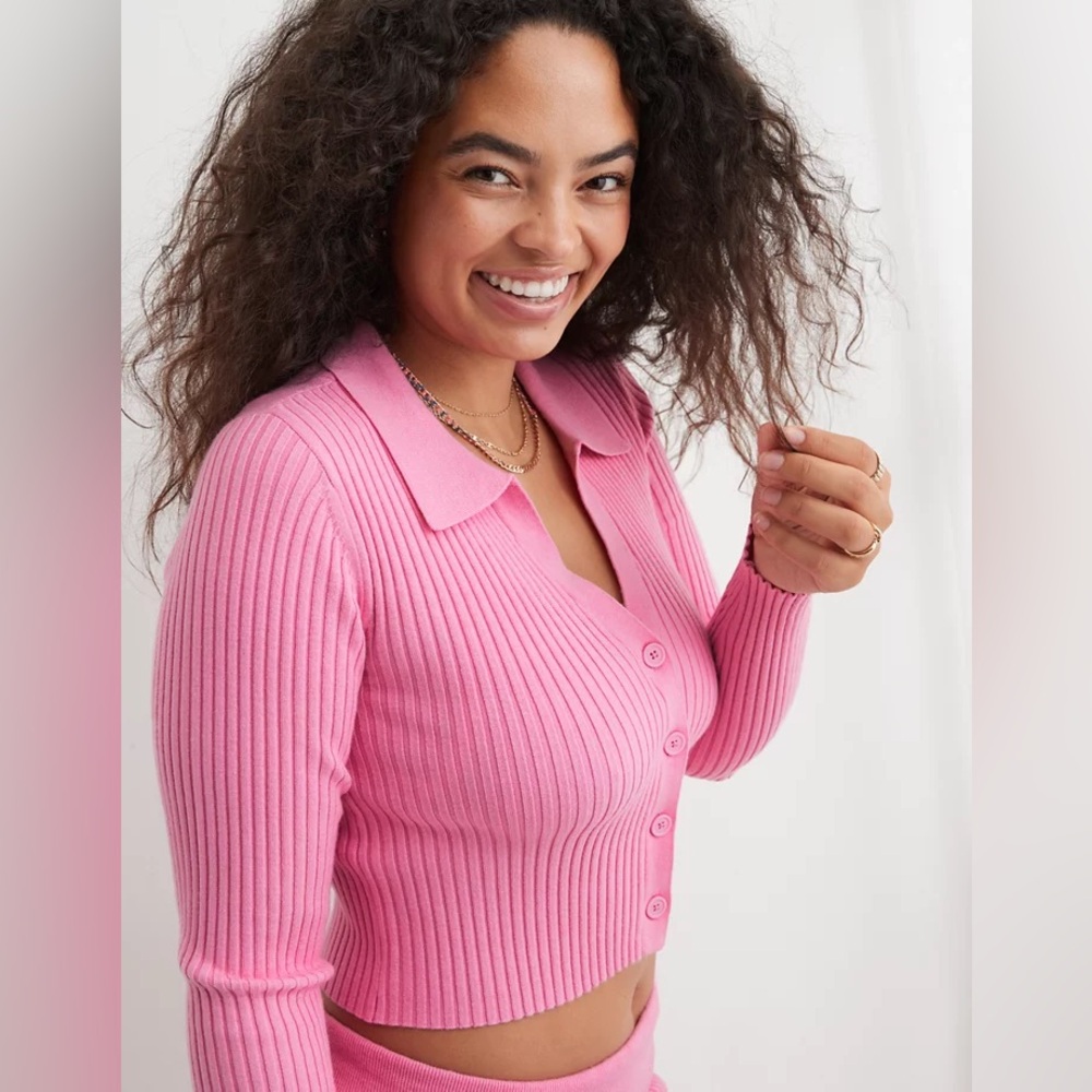 Aerie Pink Ribbed Cardigan Sweater Top